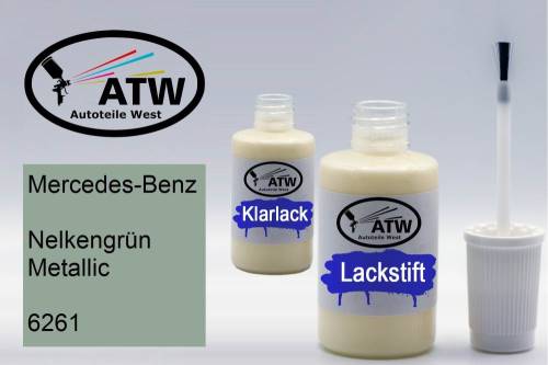 Mercedes-Benz, Nelkengrün Metallic, 6261: 20ml Lackstift + 20ml Klarlack - Set, von ATW Autoteile West.